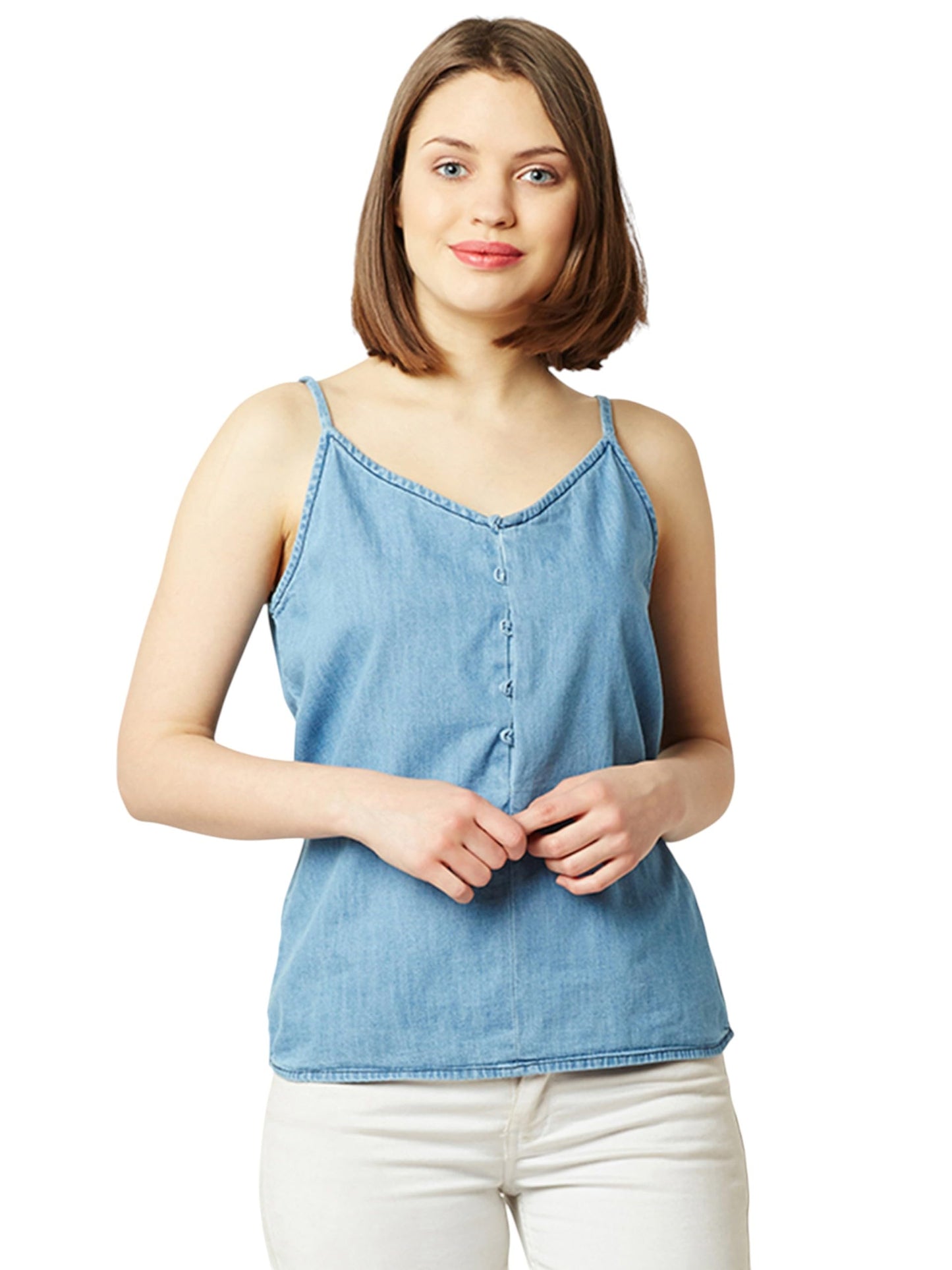 Miss Chase WomenS V Neck Sleeveless Cotton Solid Denim Spaghetti Top (Mcaw25Den62-80-350-03, Baby Blue, S)