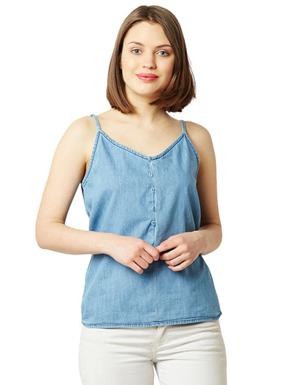 Miss Chase WomenS V Neck Sleeveless Cotton Solid Denim Spaghetti Top (Mcaw25Den62-80-350-03, Baby Blue, S)
