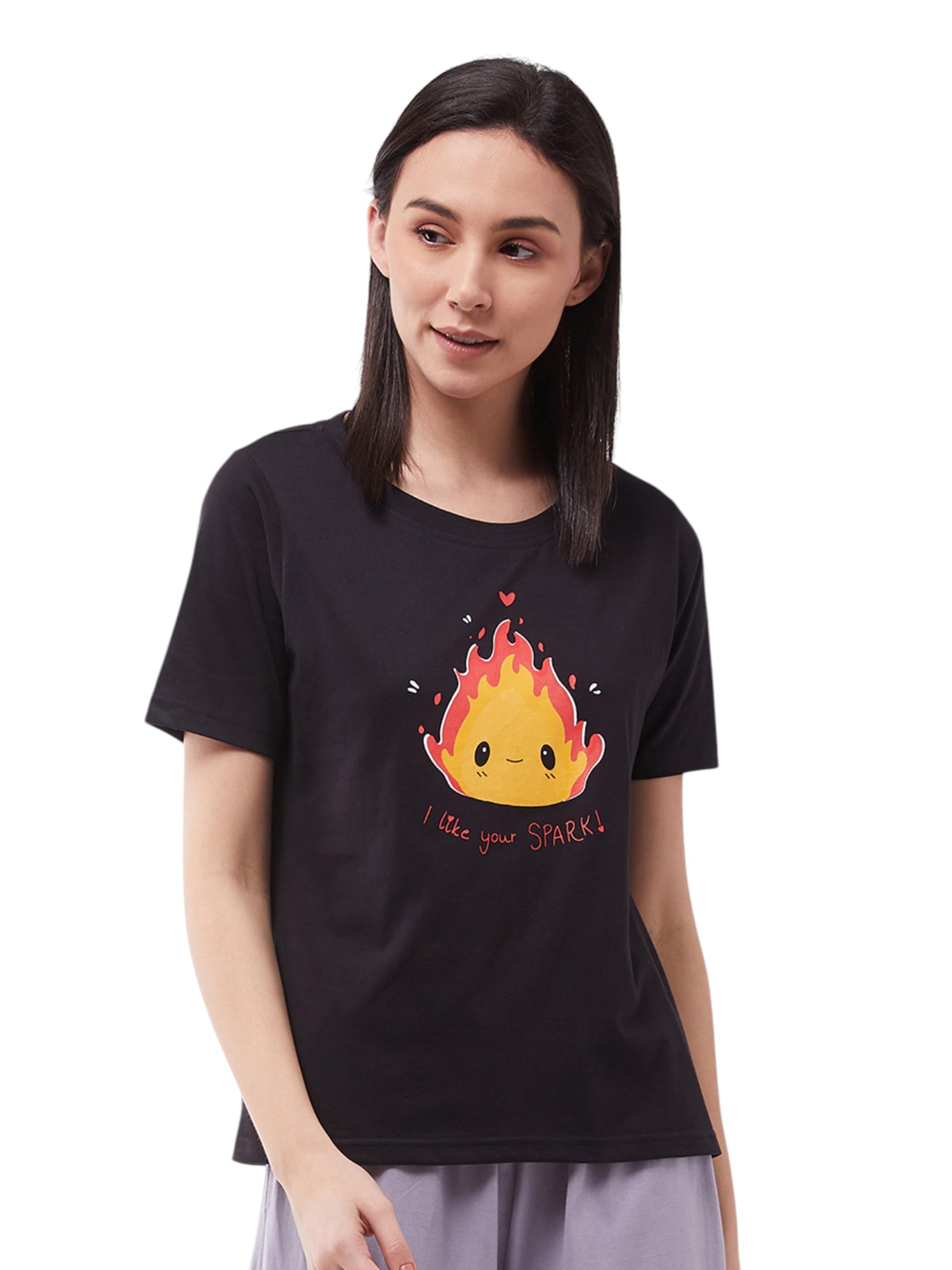 Miss Chase Womens Cotton Regular Length Round Neck Short Sleeves Loungewear T-Shirt (MCSS25TS99-03-62-04, Black, M)