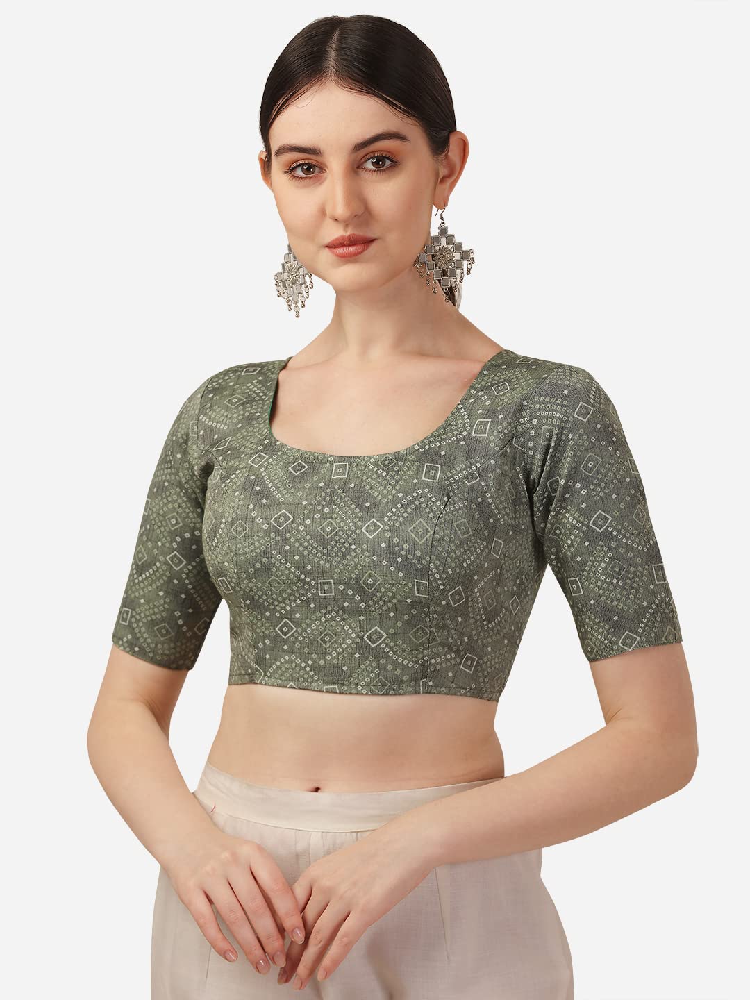 Oomph! WomenS Indian Ethnic Wear Designer Bandhani Pattern Boat Neck Half Sleeve Cotton Green Blouse For Saree Or Lehnga And Bl