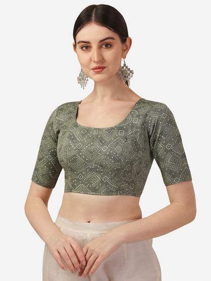 Oomph! WomenS Indian Ethnic Wear Designer Bandhani Pattern Boat Neck Half Sleeve Cotton Green Blouse For Saree Or Lehnga And Bl