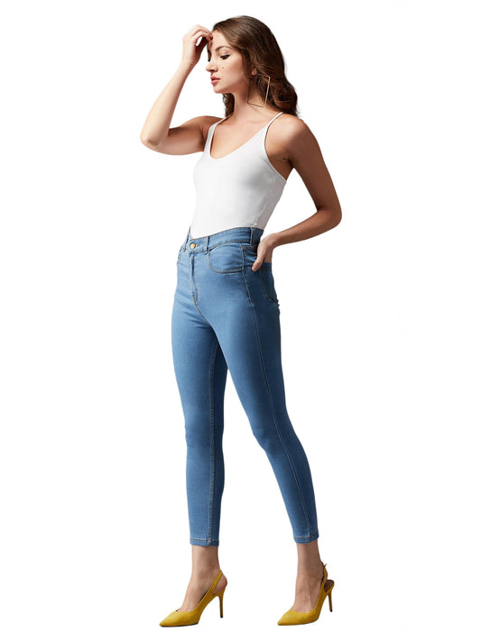 Dolce Crudo Womens Solid Skinny High Rise Cropped Fringe Detailing Solid Stretchable Denim Jeans (DOSS25DEN68-41-229-32, Royal 