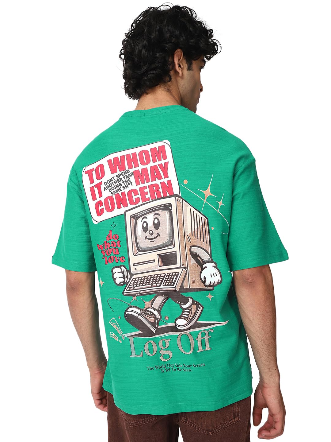 Bewakoof Air 1.0 Mens Graphic Printed Oversized Fit Half Sleeve Round Neck Cotton Jersey T-Shirt_661989_Green_M