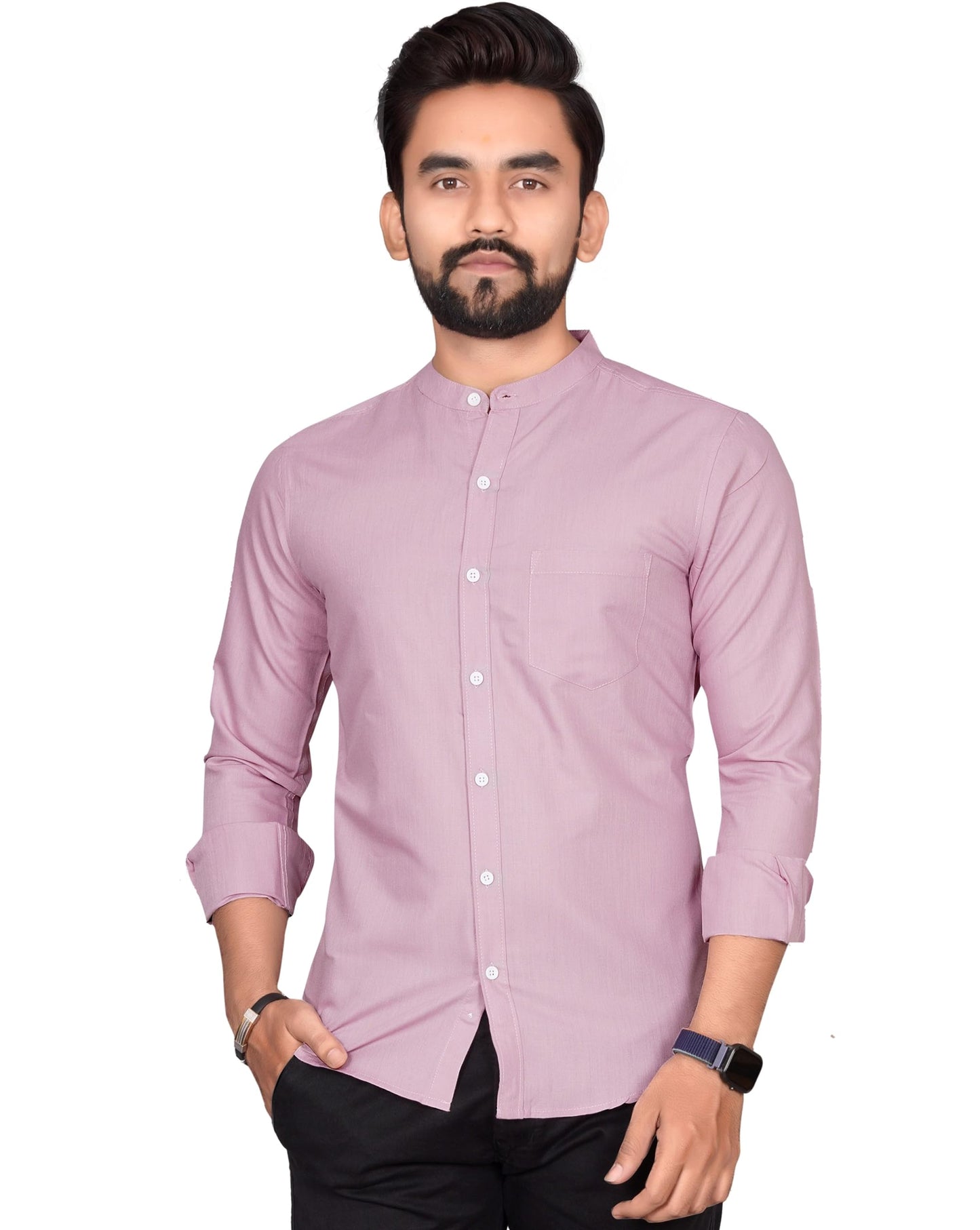 Besix MenS Cotton Solid Shirt With Mandarin Collared Full Sleeve Button Closure Curved Hem Straight Length And One Pocket | Mdr