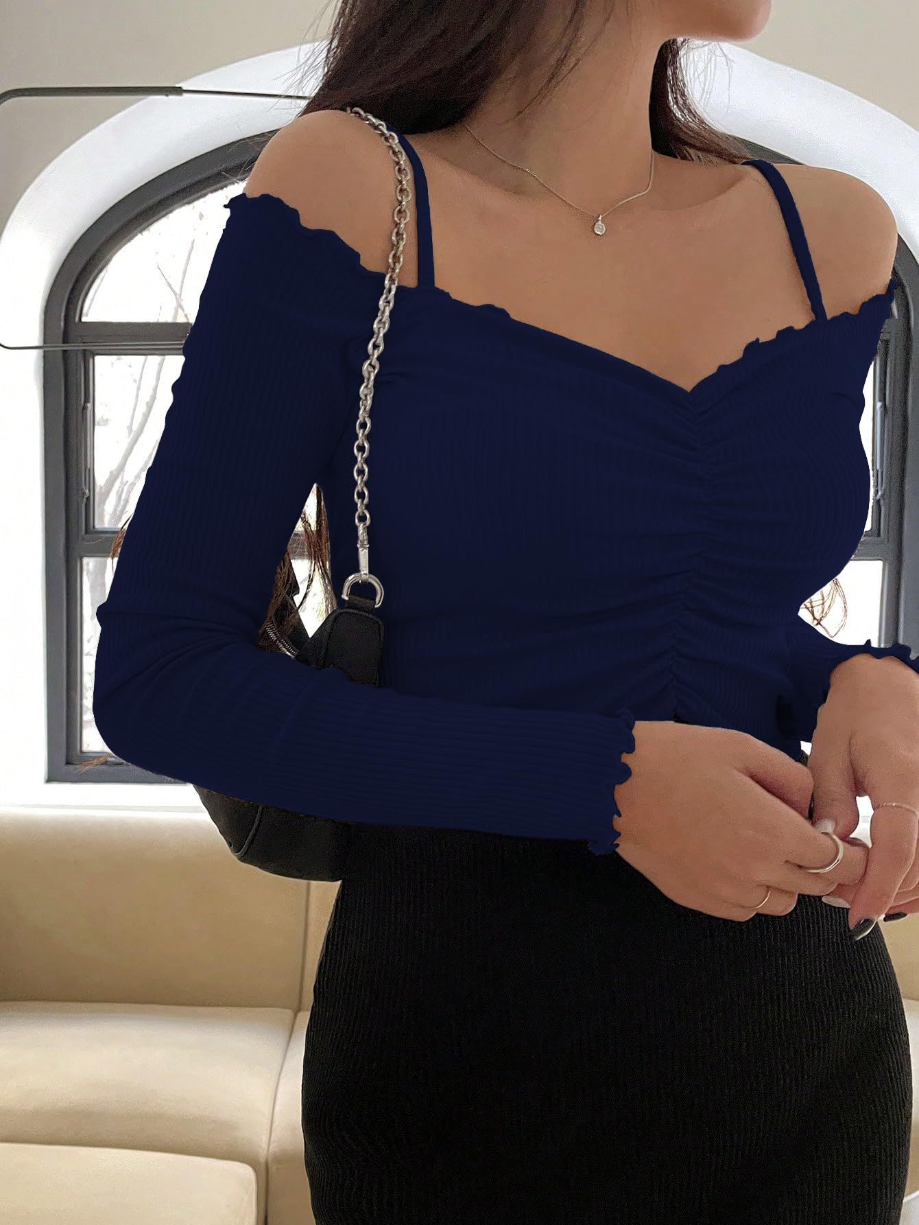 Sugathari Womens Navy Blue Solid Colour Open Cold Off Shoulder Long Sleeve Lettuce Hem Casual Autumn Trim Tight- Slim Fitting R