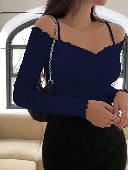 Sugathari Womens Navy Blue Solid Colour Open Cold Off Shoulder Long Sleeve Lettuce Hem Casual Autumn Trim Tight- Slim Fitting R