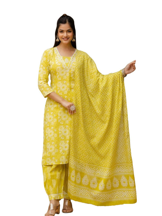 KLOSIA Women Viscose Floral Printed A-Line Kurta and Pant Set with Dupatta