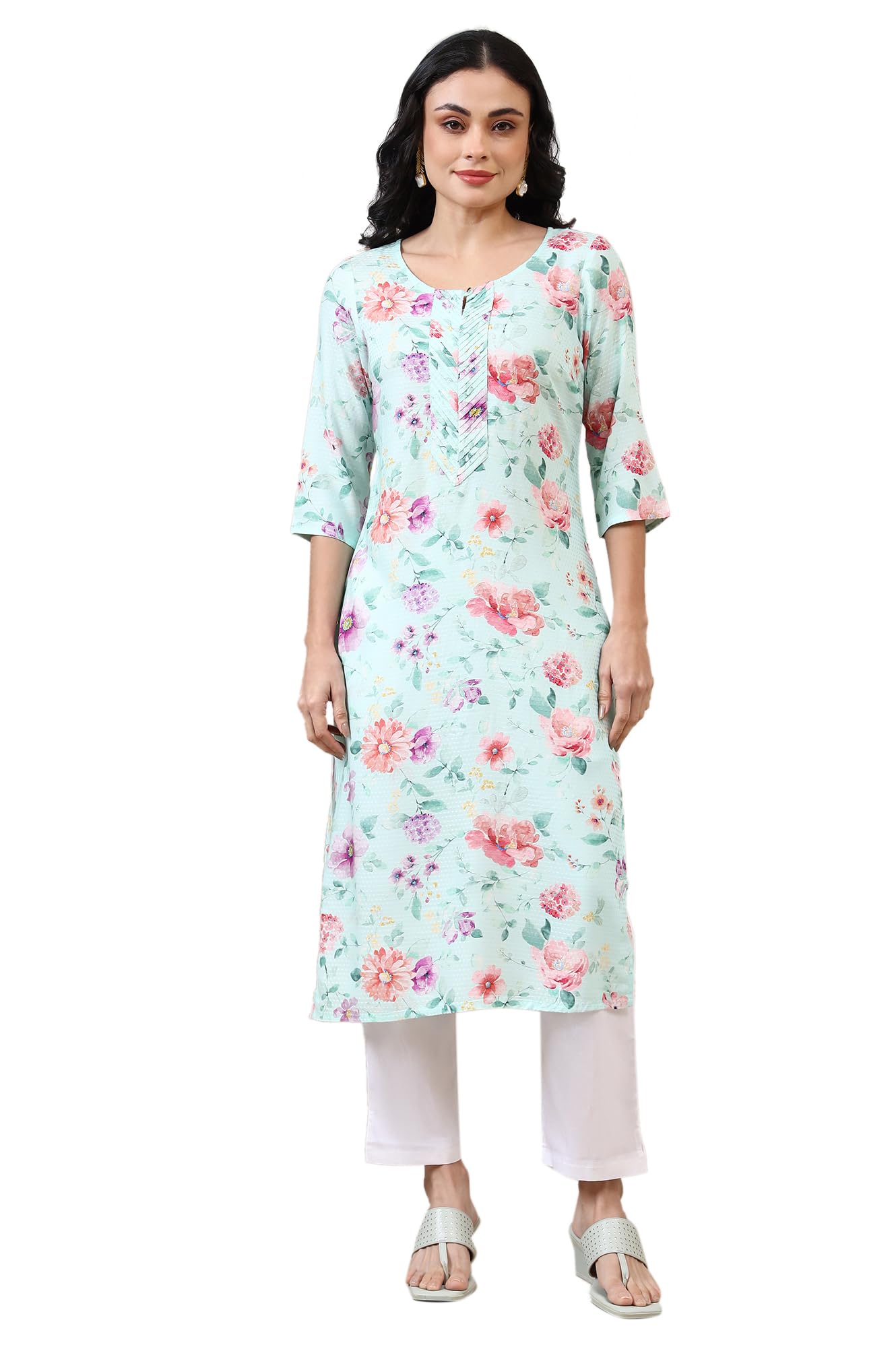 Aurelia Women'S Bermuda Blue Digital Floral Printed Rayon Straight Kurta (Size: M)-A15689-509224