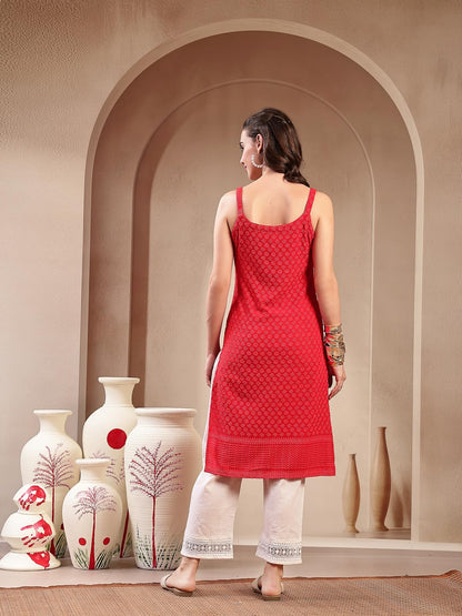 Stylum Womens Red Chikankari Rayon Straight Kurta