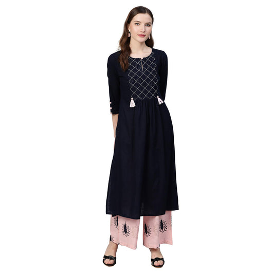 idaLia Light Pink and Navy Blue Cotton Kurta Set for Women A-Line Kurta with Palazzo Set Ideal for Wedding & Festive Occasions