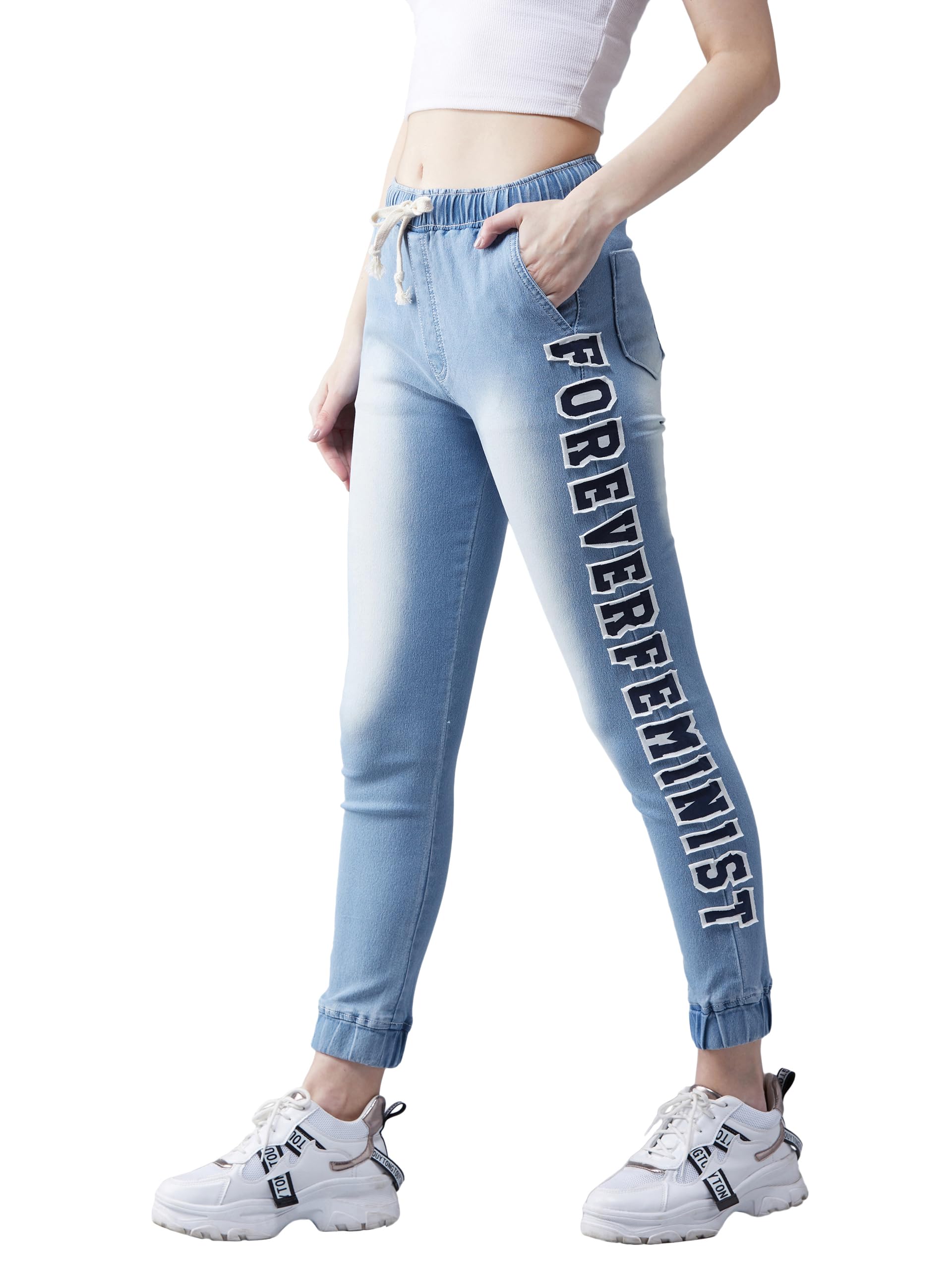 Dolce Crudo WomenS Light Blue Regular Fit Mid Rise Clean Look Regular Length Stretchable Denim Jogger(Doaw19Den06-24-158-30,Ligh
