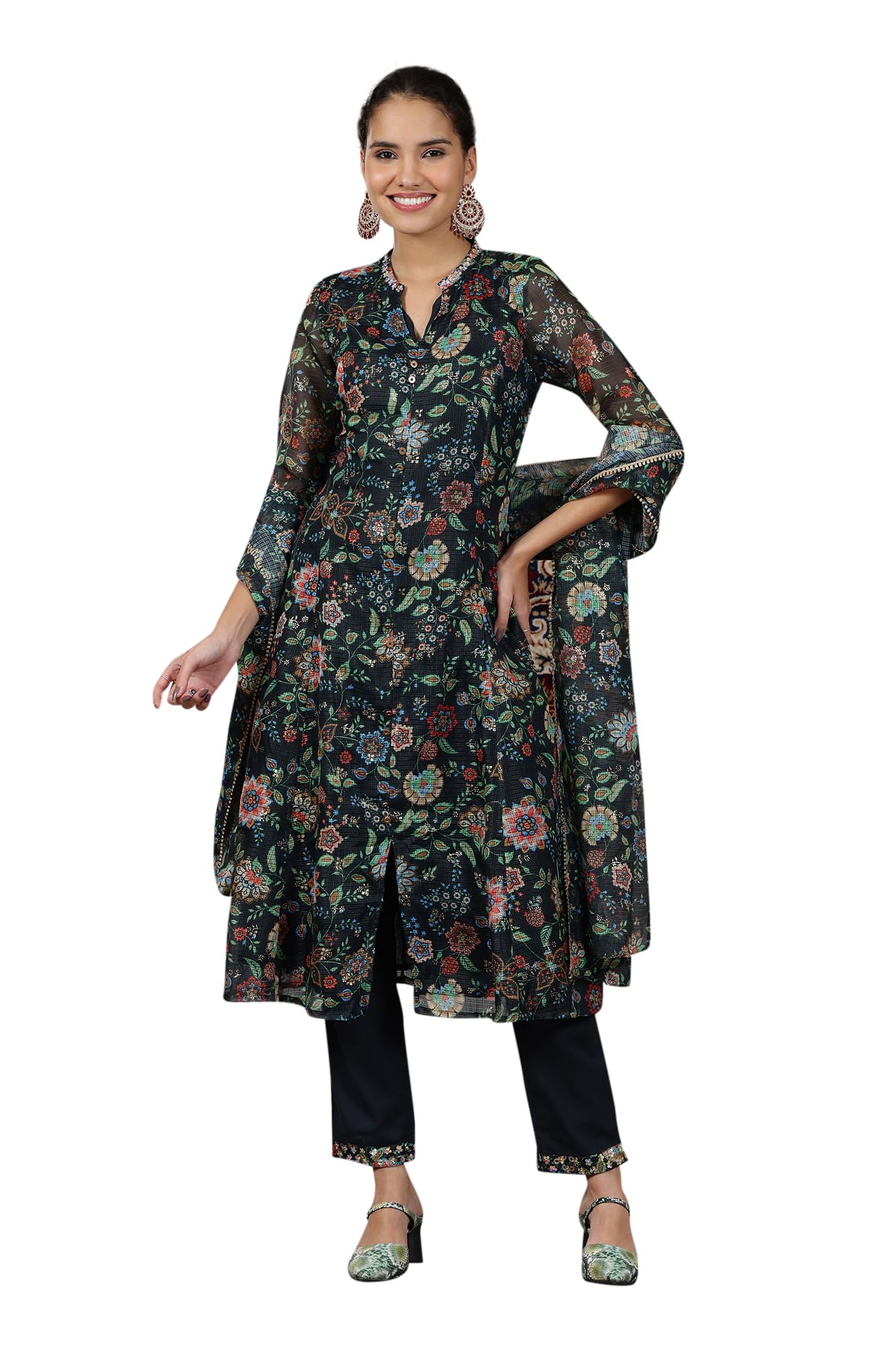 Aurelia WomenS Floral Printed Flared Kurta Set With Palazzos And Dupatta For Women
