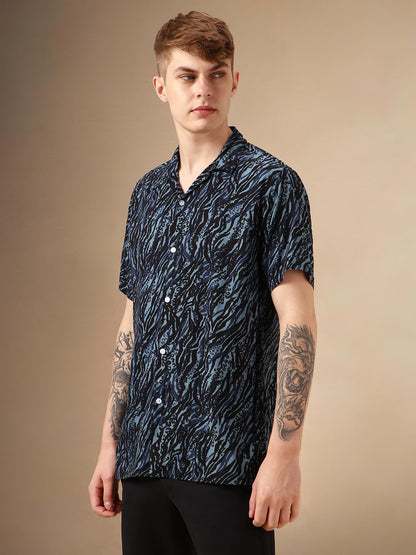 Dennis Lingo Men Navy Blue Rayon Half Sleeve Cuban Collar Printed Shirts