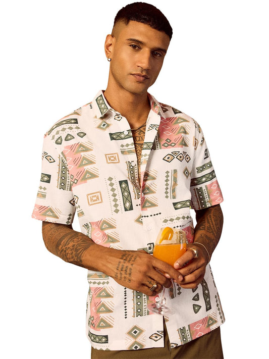 Bewakoof MenS All Over Printed Oversized Fit Half Sleeve Collar Cotton Shirt_685463_Off White_S