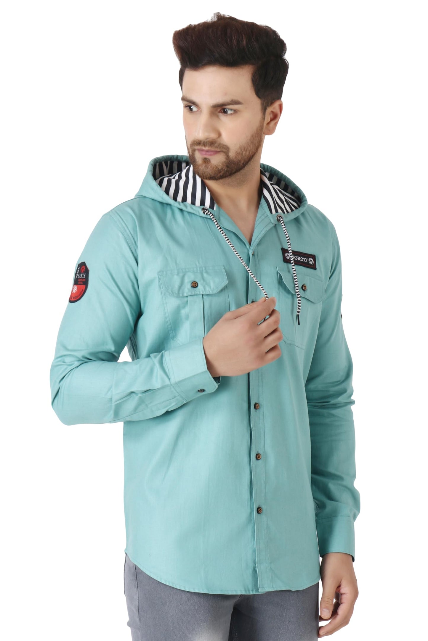 Besix MenS Green Tailored Fit Cotton Blend Shirt For Man With Hoodie - Casual Long Sleeve Shirt With Pockets - Patch Detail For