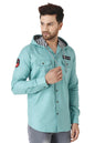 Besix MenS Green Tailored Fit Cotton Blend Shirt For Man With Hoodie - Casual Long Sleeve Shirt With Pockets - Patch Detail For