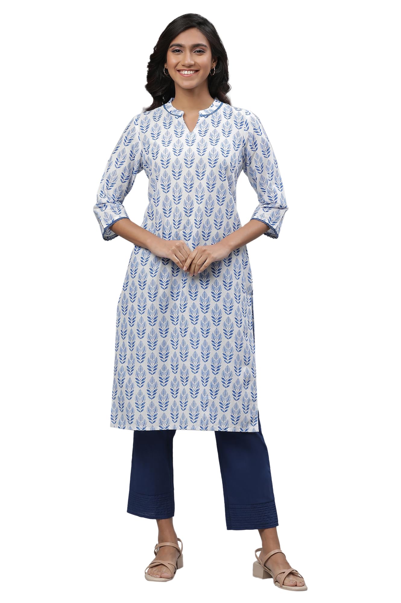 Aurelia White Leaf Print Cotton Long Kurta With Lace