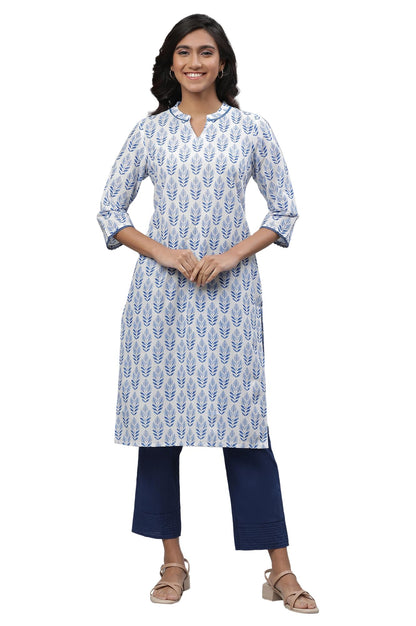 Aurelia White Leaf Print Cotton Long Kurta With Lace