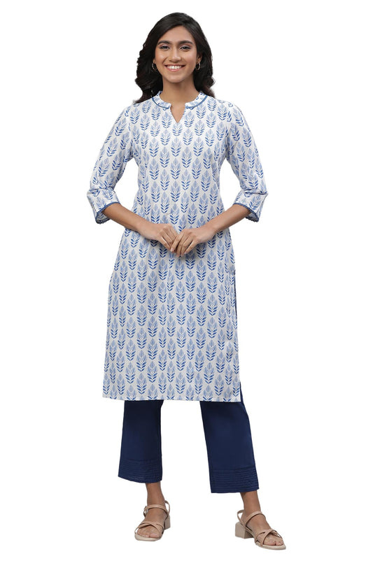 Aurelia White Leaf Print Cotton Long Kurta With Lace