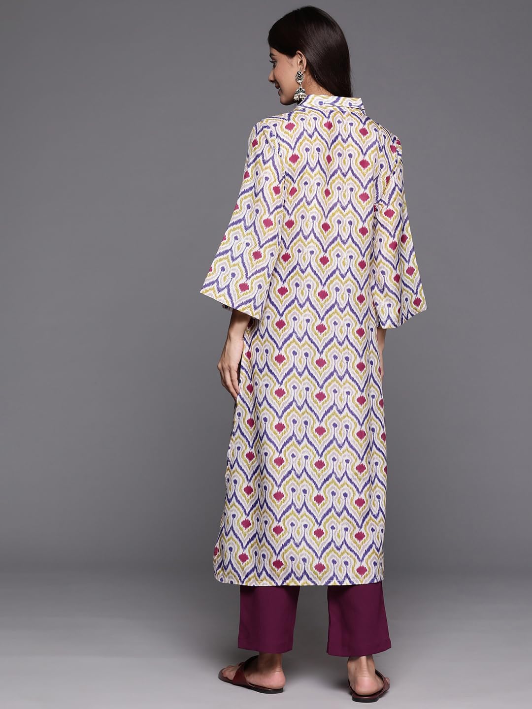 Varanga Women Off White Ikat Printed Shirt Collar Straight Kurta Paired with Violet Solid Bottom.