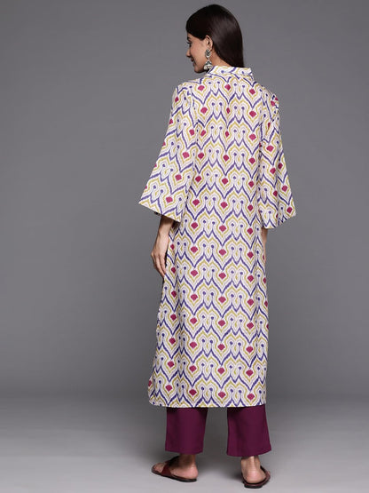 Varanga Women Off White Ikat Printed Shirt Collar Straight Kurta Paired with Violet Solid Bottom.