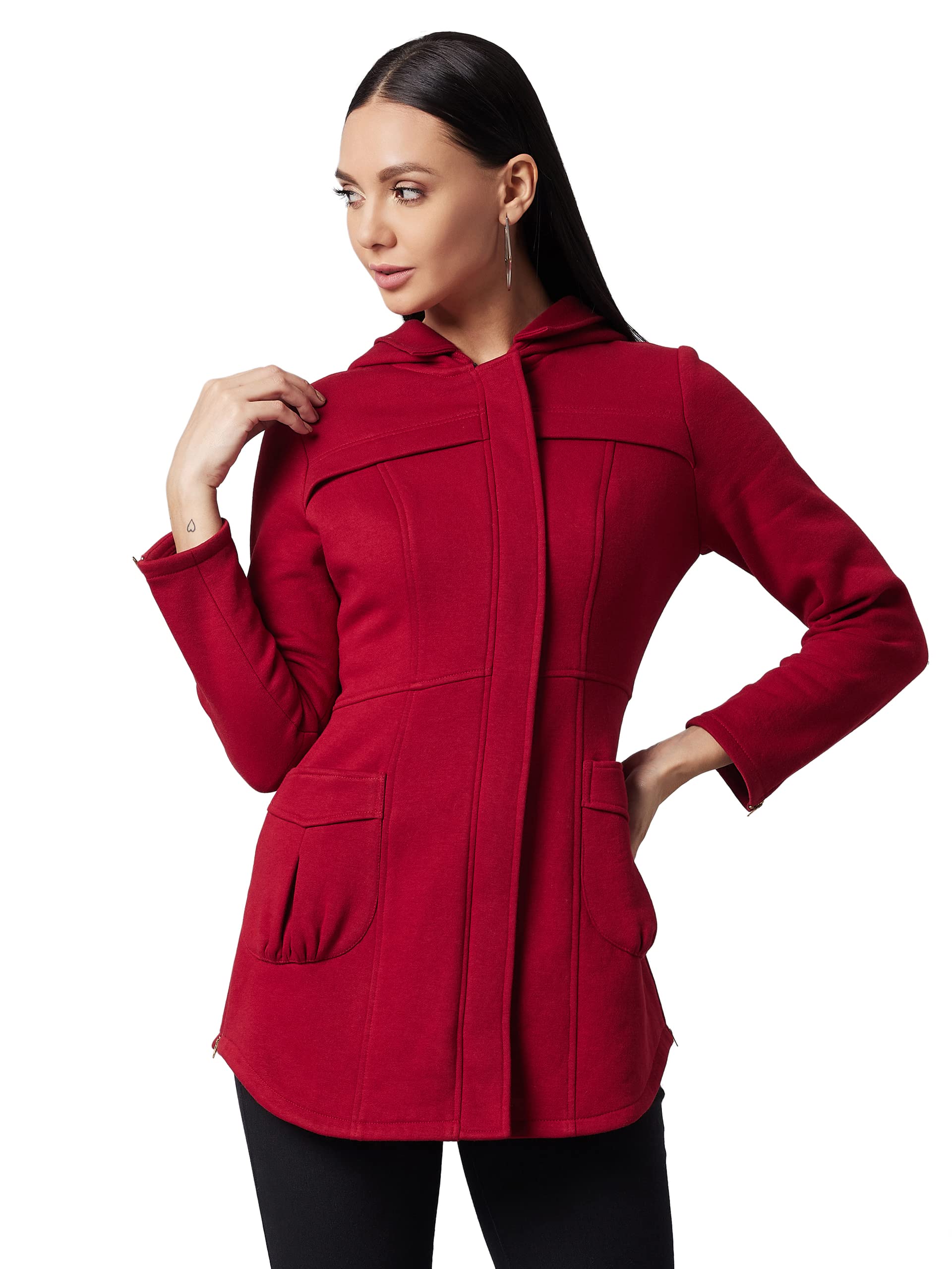 Dolce Crudo Womens Maroon Hooded Full Sleeve Solid Hooded Longline Jacket (DOAW21JKT03-38-143-04,Maroon,M)