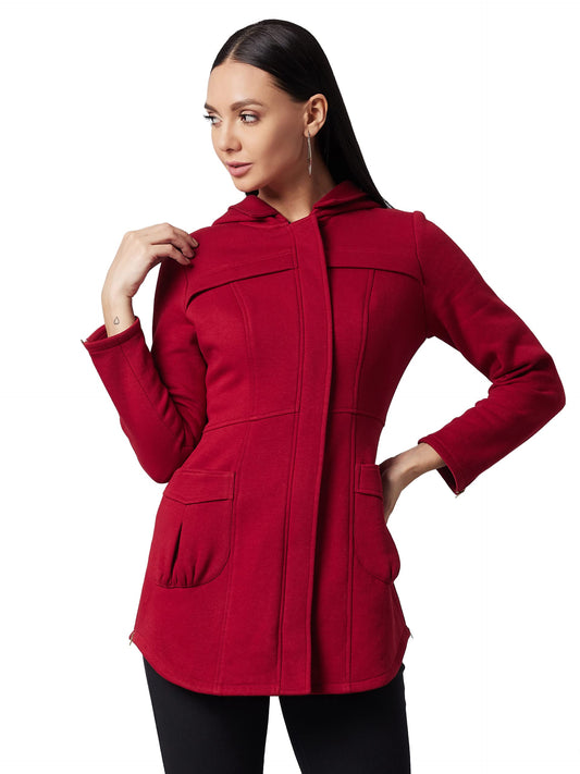 Dolce Crudo Womens Maroon Hooded Full Sleeve Solid Hooded Longline Jacket (DOAW21JKT03-38-143-04,Maroon,M)