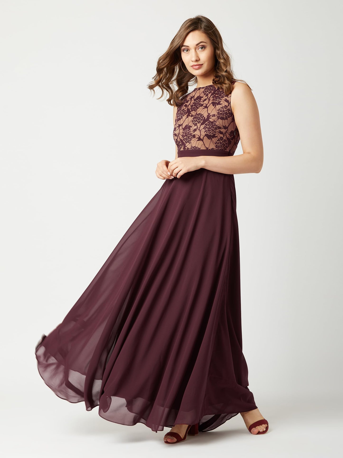 Miss Chase Womens Beige & Wine Round Neck Sleeveless Georgette Floral Lace Fit & Flare Maxi Dress (Mcaw19D08-57-217_Beige & Wine