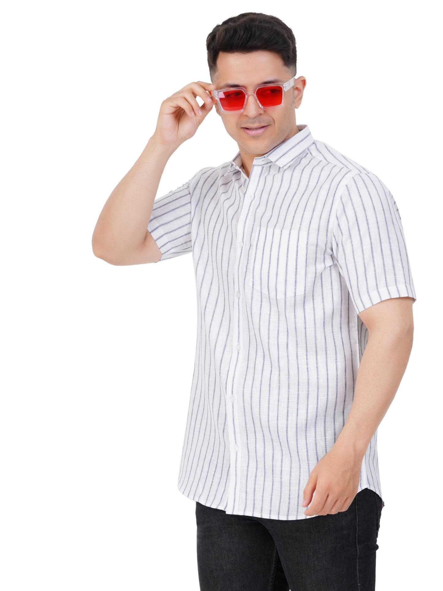 PRAKASAM COTTON Striped Design Cotton Linen Half Sleeve Shirt for Men/Formal Slim Fit Cotton Linen Half Sleeve Shirt for Men