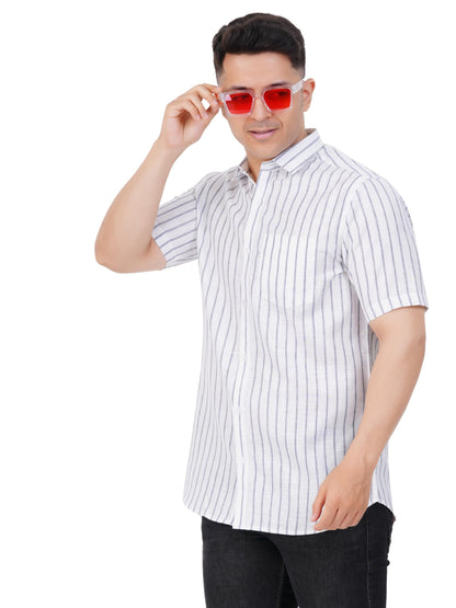 PRAKASAM COTTON Striped Design Cotton Linen Half Sleeve Shirt for Men/Formal Slim Fit Cotton Linen Half Sleeve Shirt for Men