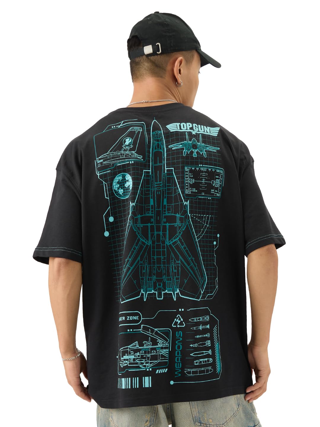The Souled Store Official Top Gun: Blueprint Men and Boys Short Sleeve Round Neck Black Graphic Printed Cotton Oversized T-Shirt