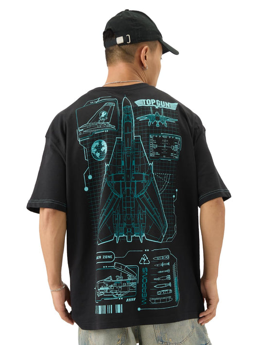 The Souled Store Official Top Gun: Blueprint Men and Boys Short Sleeve Round Neck Black Graphic Printed Cotton Oversized T-Shirt