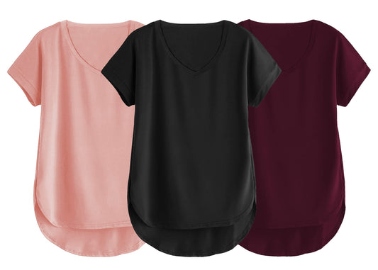 Fabricorn Combo Of Three Plain Black, Dusty Rose And Wine V-Neck Up And Down Cotton Tshirt For Women (Black, Dusty Rose, Wine, X