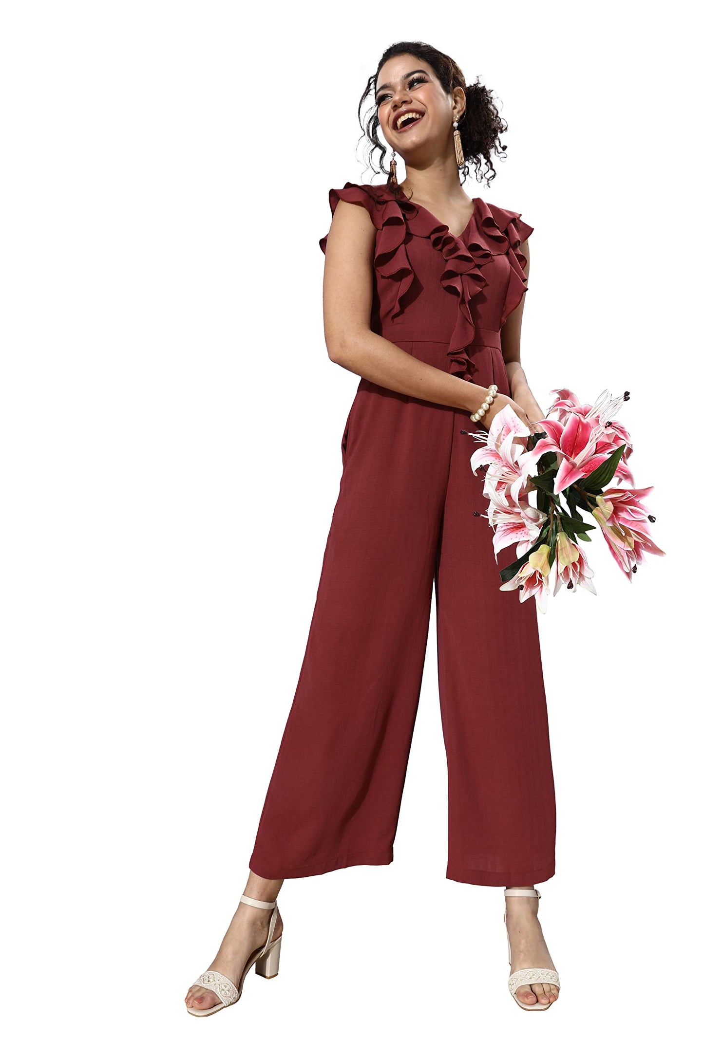 Miss Chase WomenS Light Burgundy V-Neck Sleeveless Solid Ruffled Regular Jumpsuit (Mcaw21D15-12-250-05, Light Burgundy, L)