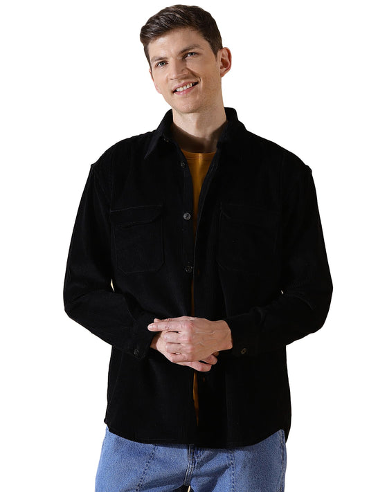 Thomas Scott Mens | Full Sleeve | Corduroy | Double Pockets | Relaxed Fit | 100% Cotton | Spread Collar | Casual | Shirts (Black