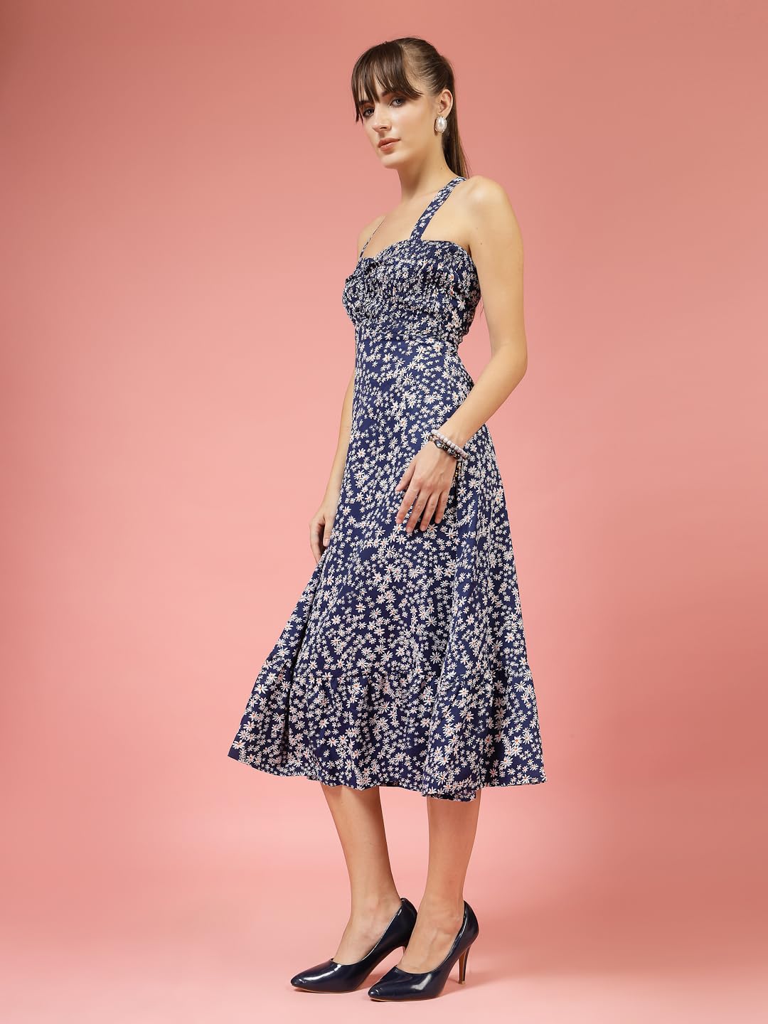 Oomph! WomenS Western & Fusion Wear Printed Crepe Dress For Women, Smocked Bodice, Blue - Md1032