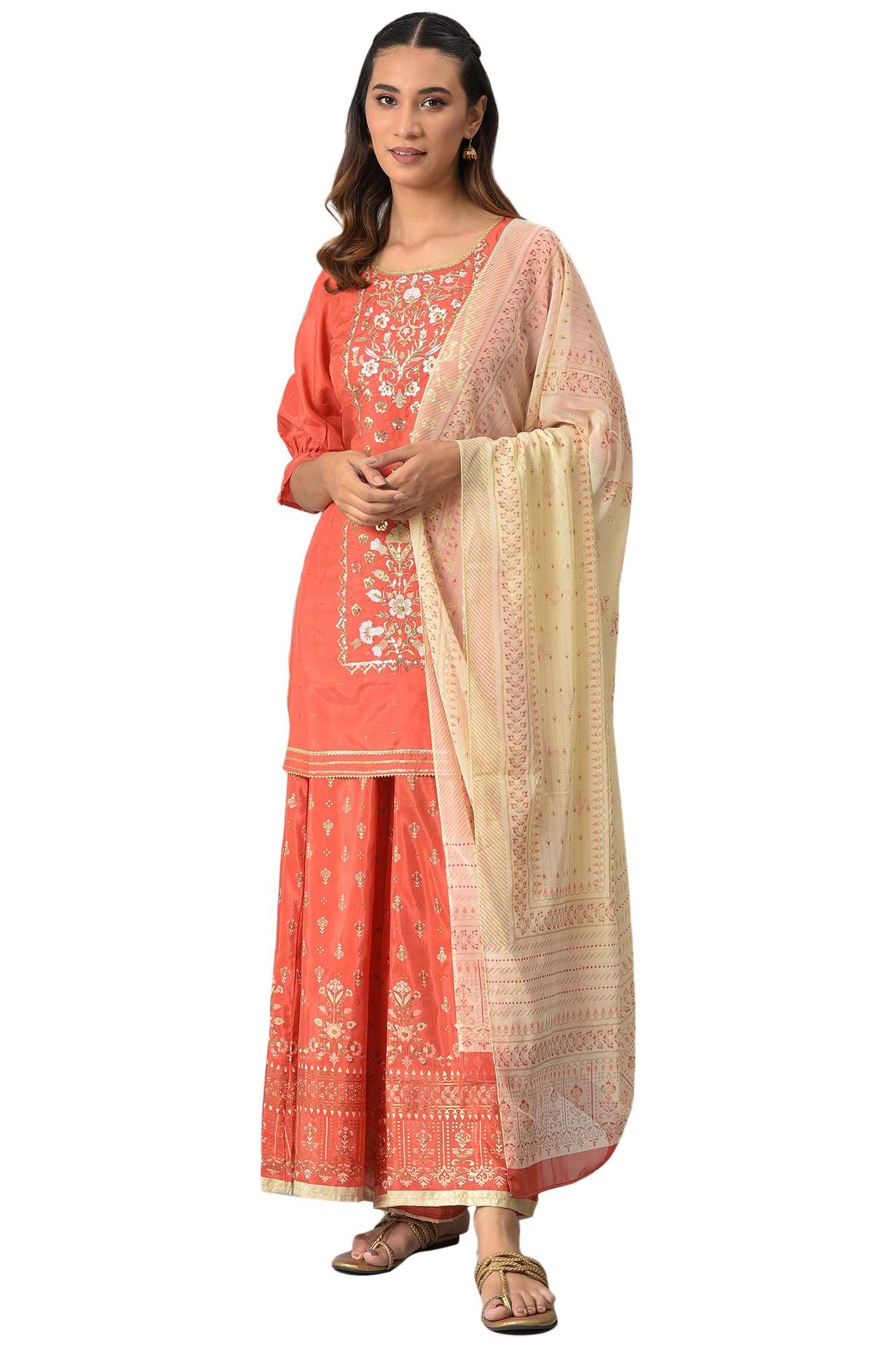 Peach Zari Embroidered Kurta And Palazzo With Printed Dupatta