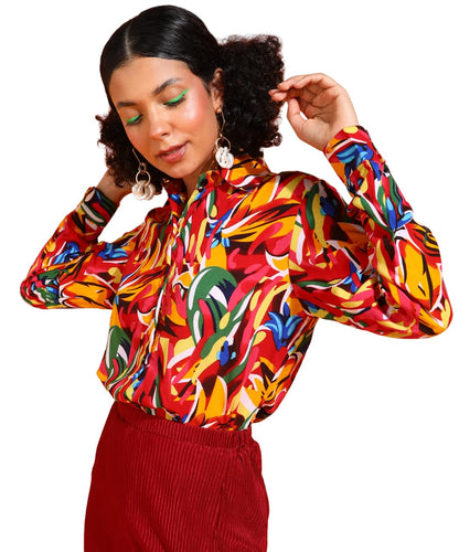 POPWINGS Printed Full-Sleeves Regular-Fit Polyester Printed Shirt for Women Stylish Western Casual Wear