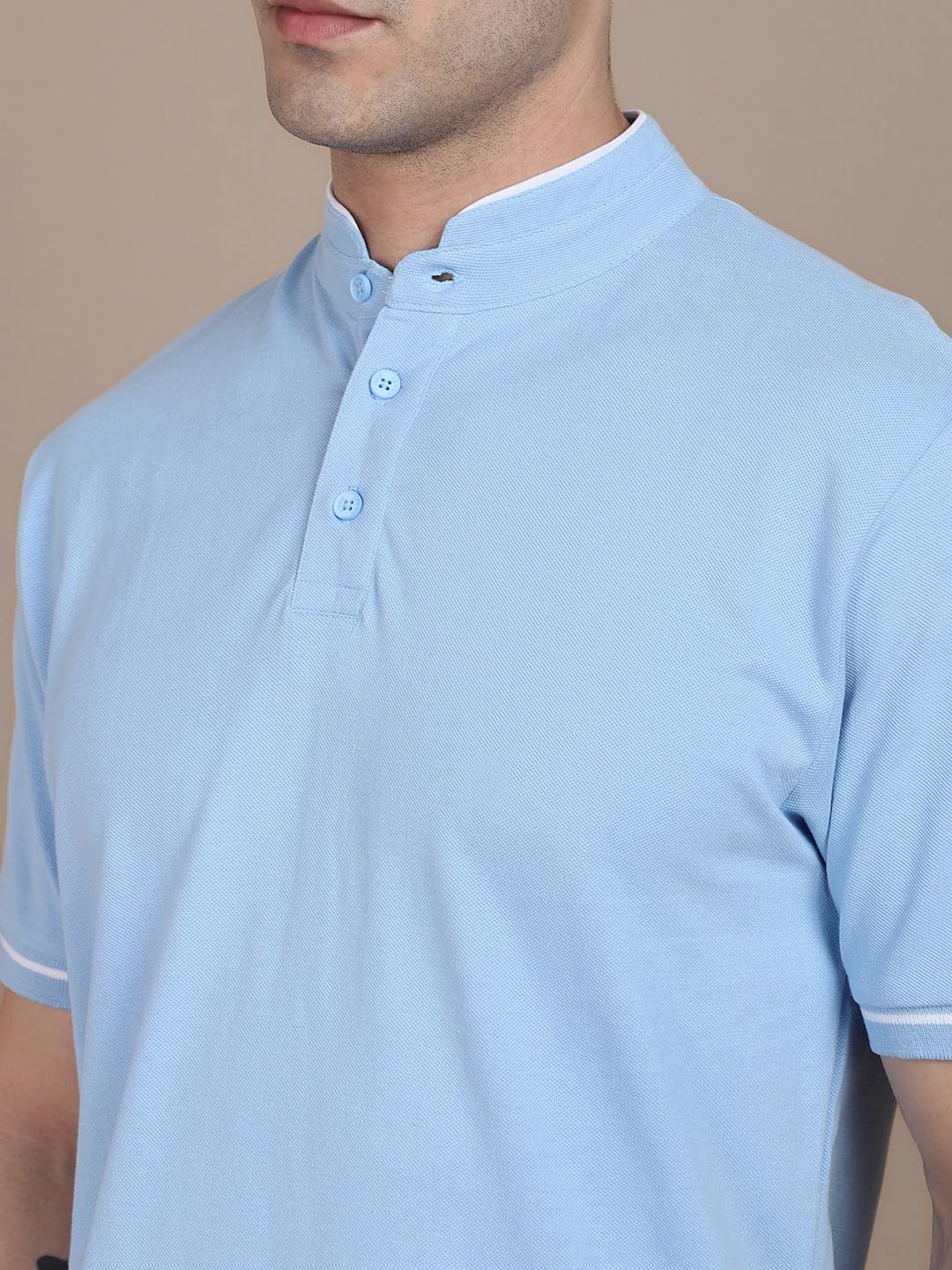 Dennis Lingo MenS Cotton Blue Solid Stand Collar T-Shirt