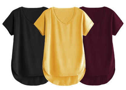 Fabricorn Combo Of Three Plain Black, Mustard Yellow And Wine V-Neck Up And Down Cotton Tshirt For Women (Black, Mustard Yellow,