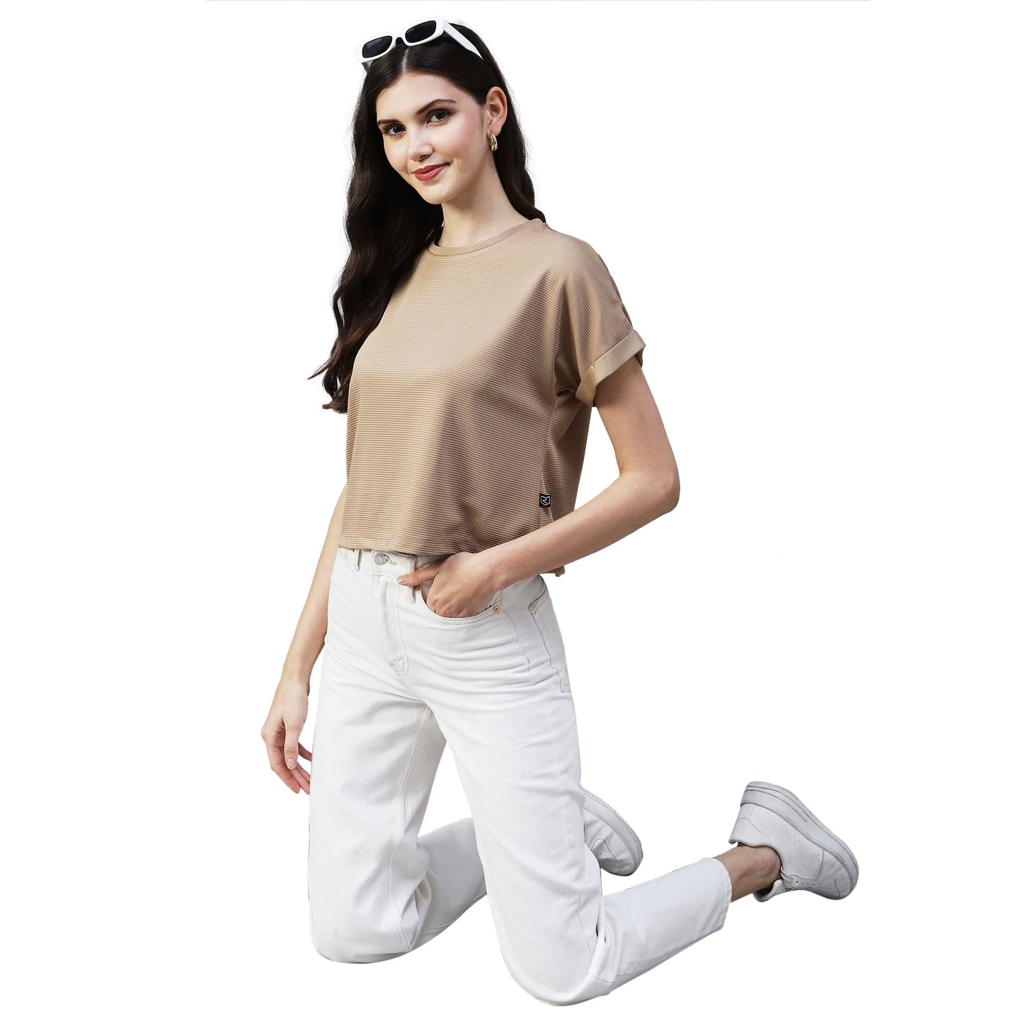 Rigo Women Beige Cap Sleeves Poly Corduroy Crop Top