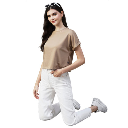 Rigo Women Beige Cap Sleeves Poly Corduroy Crop Top