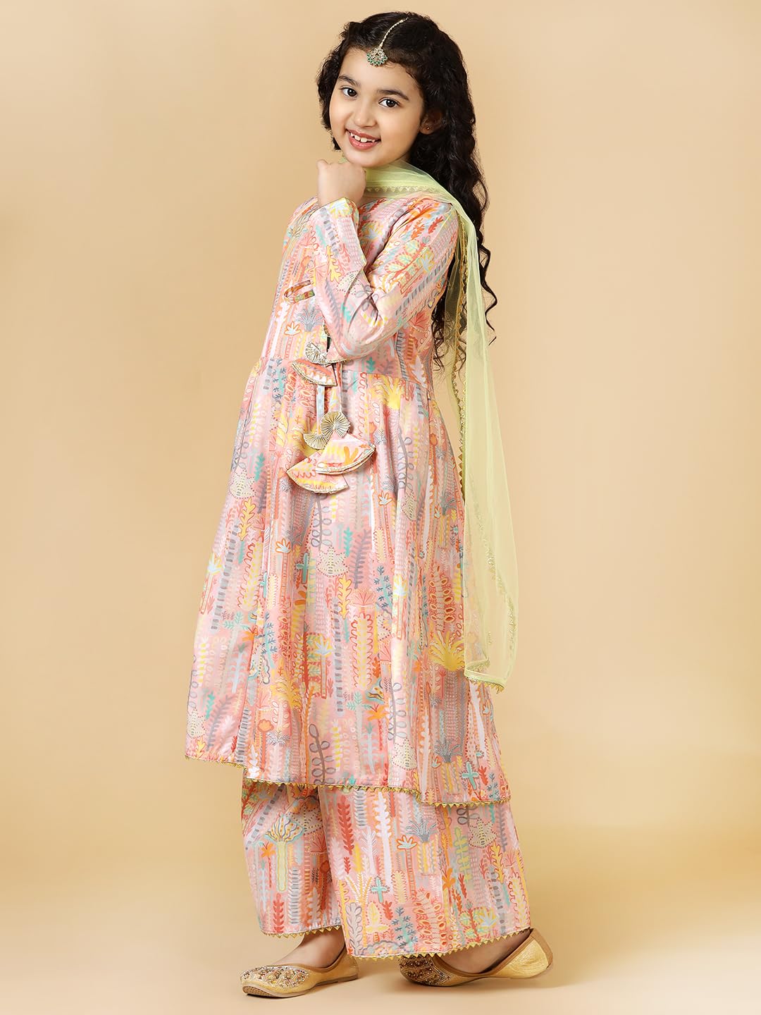 A.T.U.N. (All Things Uber Nice) Peach Floral Printed Anarkali Palazzo Set For Girls