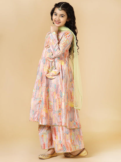 A.T.U.N. (All Things Uber Nice) Peach Floral Printed Anarkali Palazzo Set For Girls