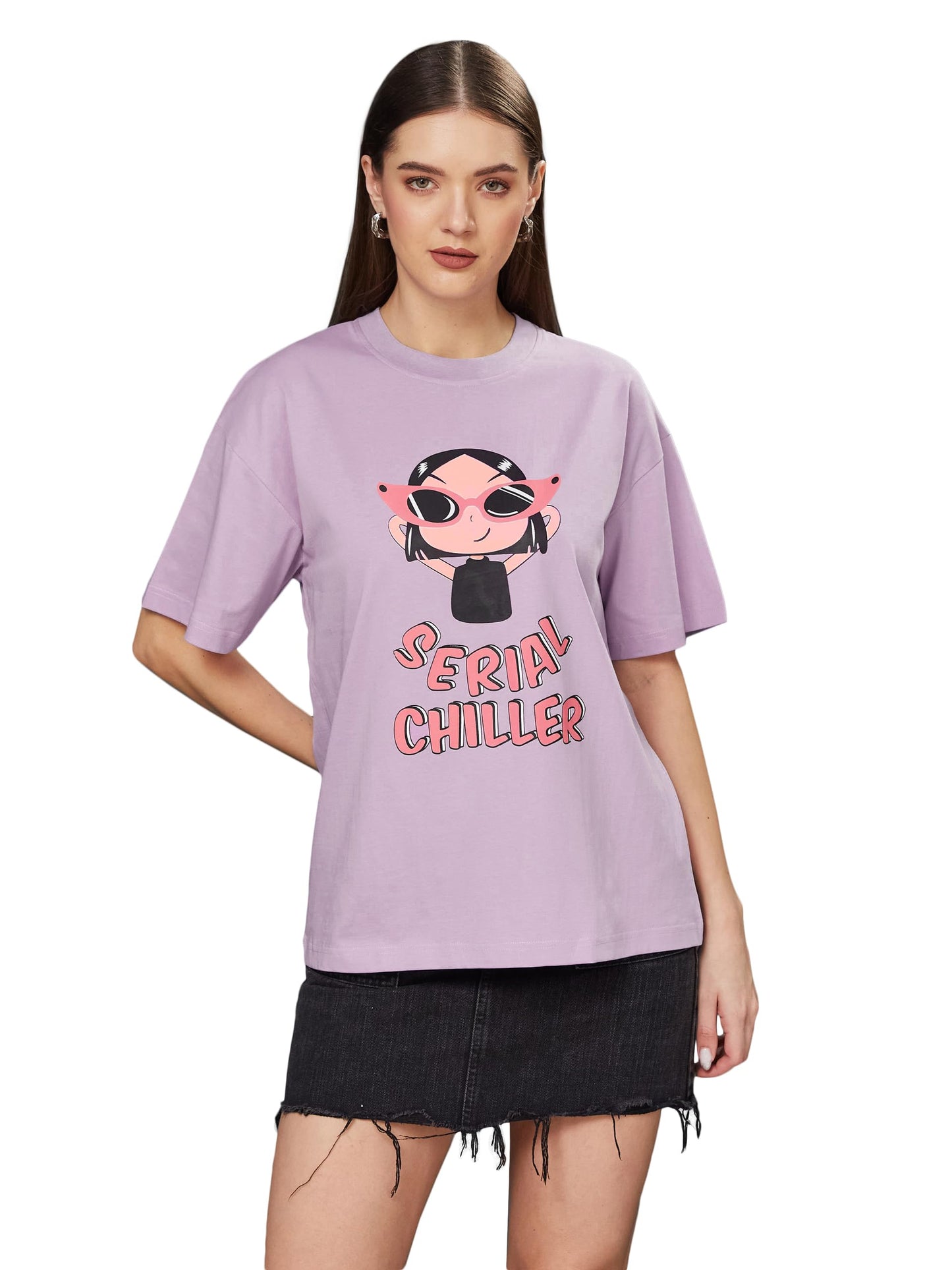 Miss Chase Womens Round Neck Half Sleeve Cartoon Printed Regular Length Oversized Cotton T-Shirt (MCS24TS01-63-196-06, Lavender