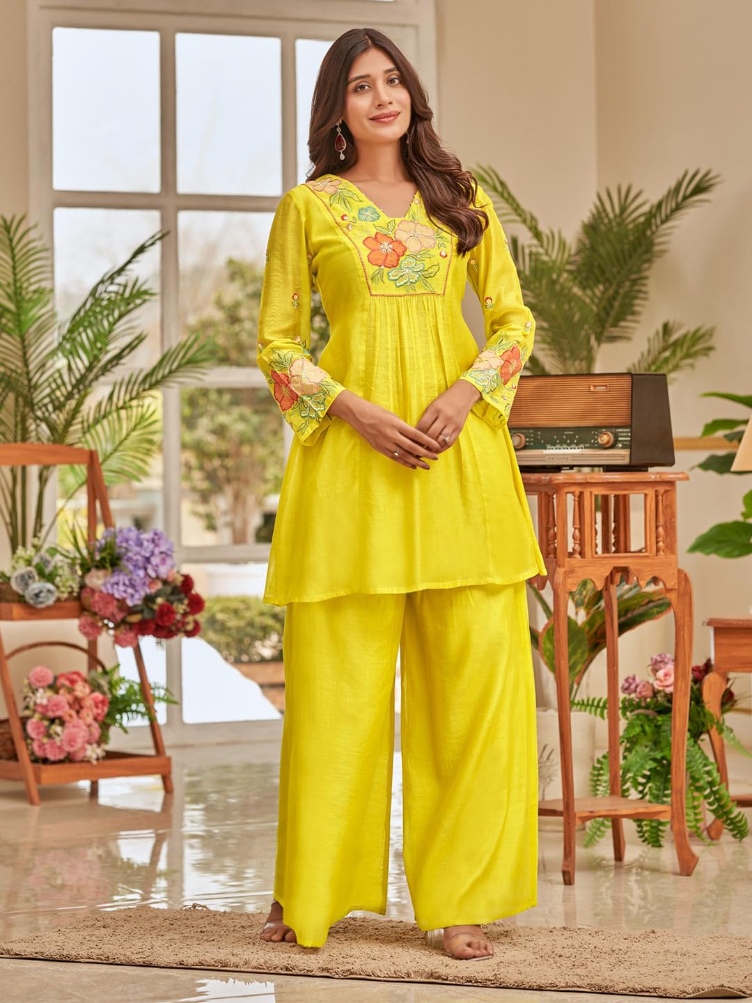 Varanga Floral Thread Embroidered Yoke Flared Kurta With Palazzo