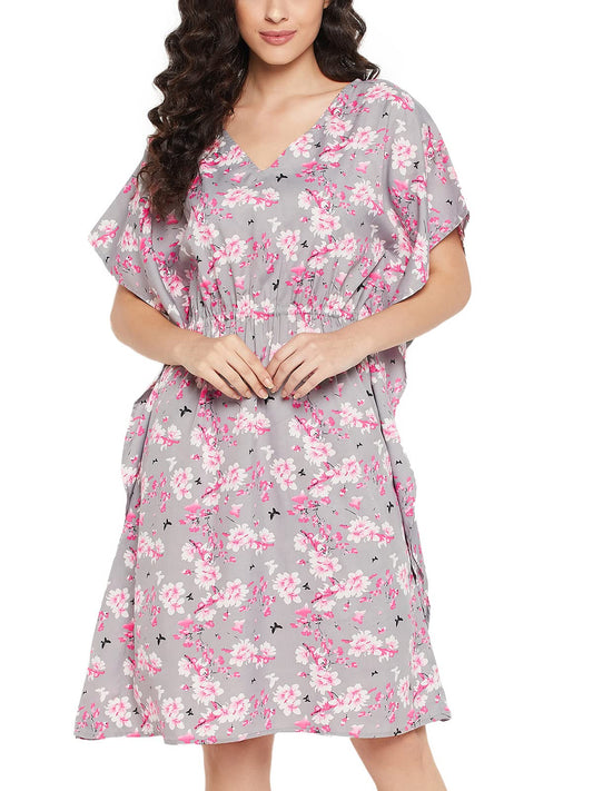 Clovia Womens Crepe Pretty Florals Short Kaftan (RW0013P01_Grey_XL-XXL)