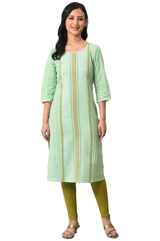 Aurelia WomenS Green Striped Cotton Regular Kurta