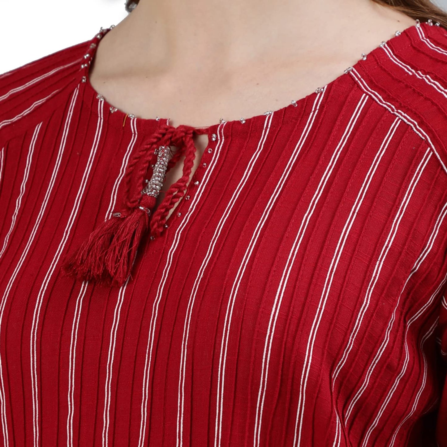 ishin Women's Cotton A-Line Embellished Beads and Stones Striped Print Red Kurti