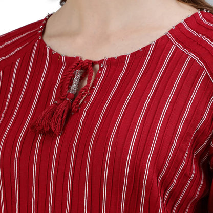 ishin Women's Cotton A-Line Embellished Beads and Stones Striped Print Red Kurti